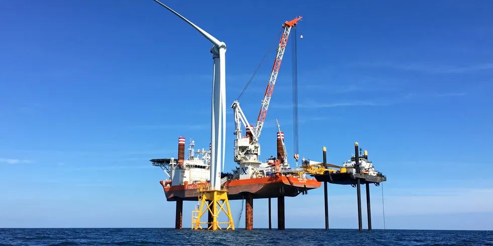Installation of turbines at Block Island, the first US offshore wind farm.