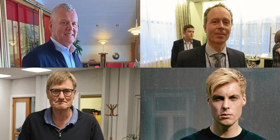 Austevoll Seafood/Lerøy Seafood Group-eier Helge Arvid Møgster, Pelagia-sjef og deleier Egil Magne Haugstad, Nordlaks-eier Inge Berg og Salmar-eier Gustav Magnar Witzøe.