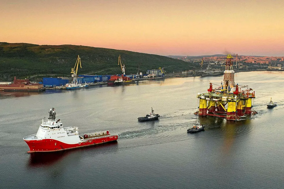 Moving forward: the semisub Nanhai VIII being towed out from Kola Bay near Murmansk to spud an exploration well for Gazprom
