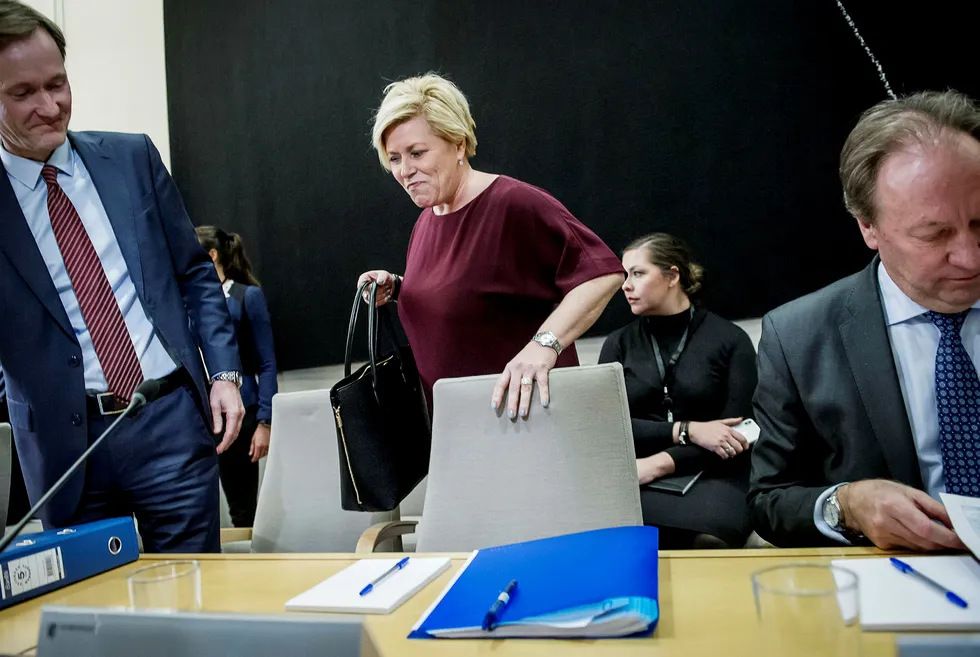 Finansminister Siv Jensen på høring. Foto: Gorm K. Gaare