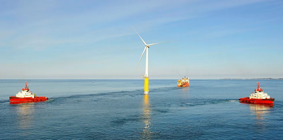 Tow-out of the Hywind Demo floating wind turbine off the west coat of Norway in 2008