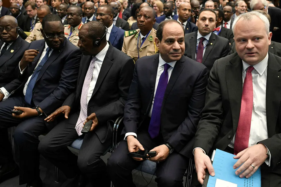 Leading from the front: from right, German-African Business Association chair Stefan Liebing, Egypt’s President Abdel Fattah al-Sisi, Guinea’s President Alpha Conde, Senegal’s President Macky Sall and Ghana’s President Nana Akufo-Addo at the G20 Investment Summit in Berlin last year