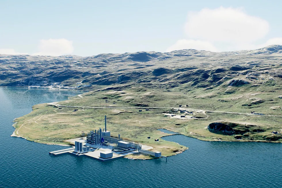 Illustrasjon av ammoniakkfabrikken som Horisont Energi vil bygge i Finnmark. Det skulle Equinor og Vår Energi være med på, inntil de trakk seg fra samarbeidsavtalen denne uken, og Horisont-aksjen kollapset. Illustrasjon: Horisont Energi