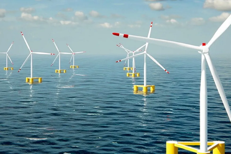 FEED: artist’s impression of a floating offshore wind farm using Technip Energies’ INO15 semi-submersible design.