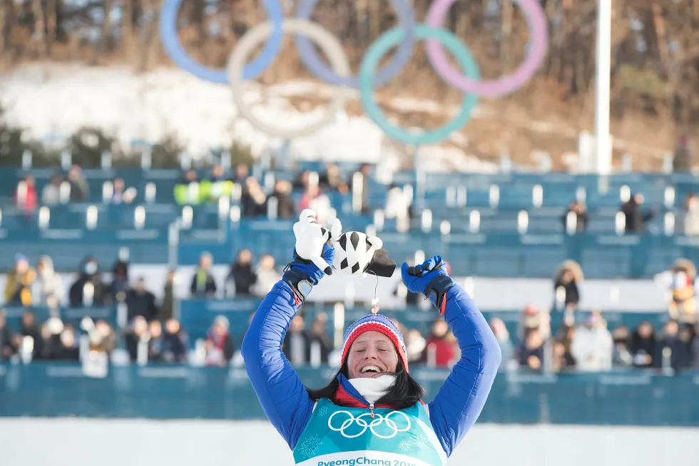 Marit Bjørgen tar OL-gull i klassisk 30 km i Alpensia Cross-Country Skiing Centre under vinter-OL i Pyeongchang. Vinterlekene ga også tv-gull til rettighetshaver Discovery Networks. Foto: Terje Pedersen / NTB scanpix