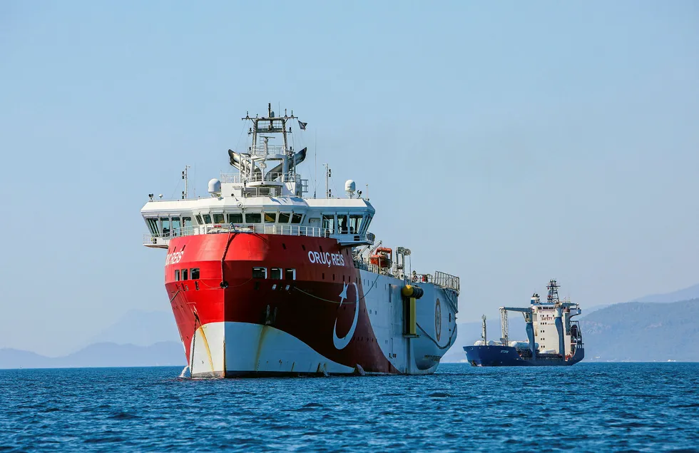 Turkey exploration: the seismic vessel Oruc Reis anchored off Antalya in the Mediterranean Sea