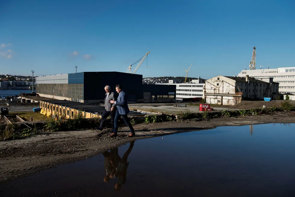 Trygve Jacobsen (til venstre) og Espen Opsanger i Buøy Invest vil bruke milliarder på oljebyens største eiendomsprosjekt.