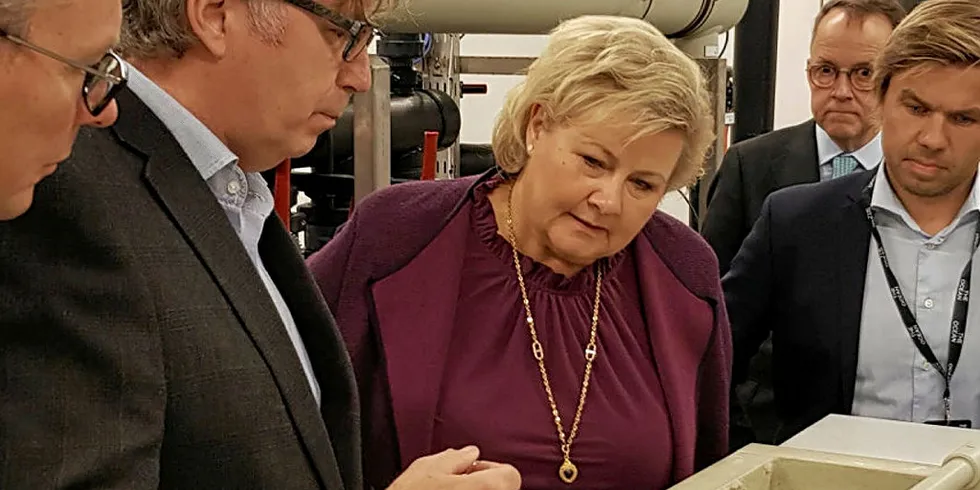 Renseprosess i RAS-anlegg blir studert av rektor Dag Rune Olsen (fra v.), professor Jon Vidar Helvik, statsminister Erna Solberg, styreleiar Øyvind Ramberg i Marineholmen RASLAB AS og marin direktør Amund Måge.