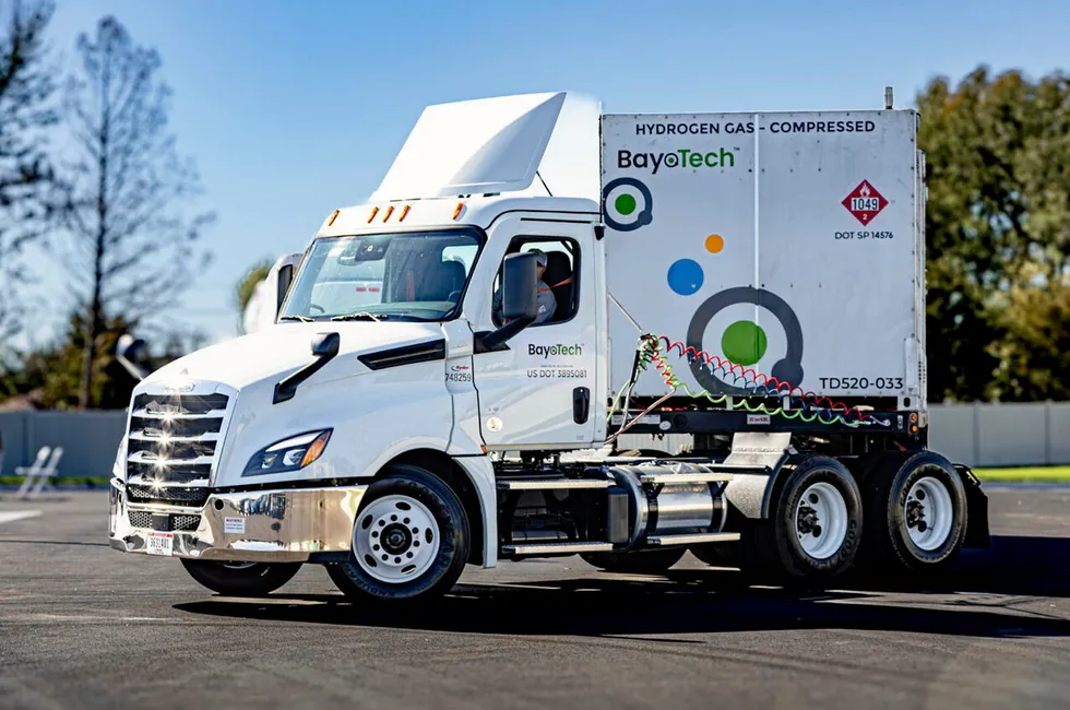 One of BayoGas's mobile refuelling trucks, containing cylinders of compressed hydrogen.