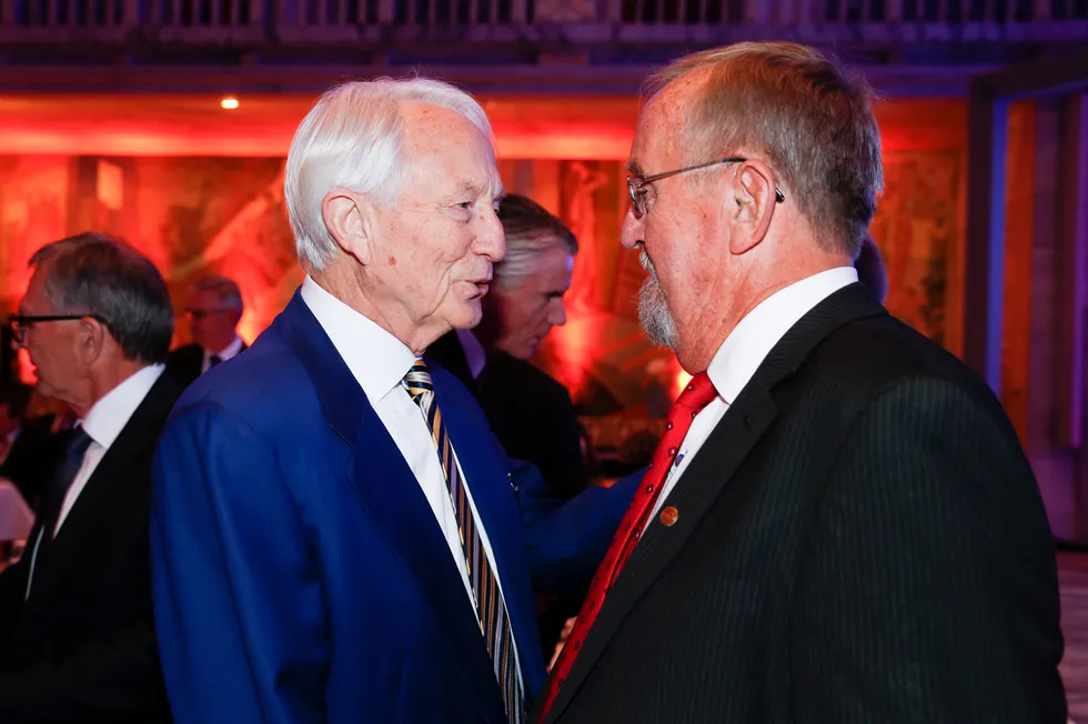 Mover and shaker: Former Statoil chief executive Arve Johnson (left) in conversation with a Norwegian trades union official in 2016.