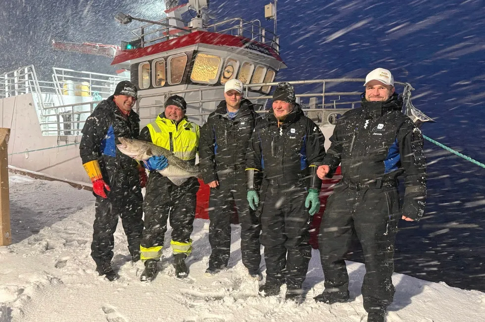 Mannskapet på «Hilde Iren» fra Averøy trives i Øksfjord. Fra venstre: Marius Gule, fiskekjøper Bengt Gøran Pedersen, Morten Gule, Einar Gule og Jan Hallvard Helland.