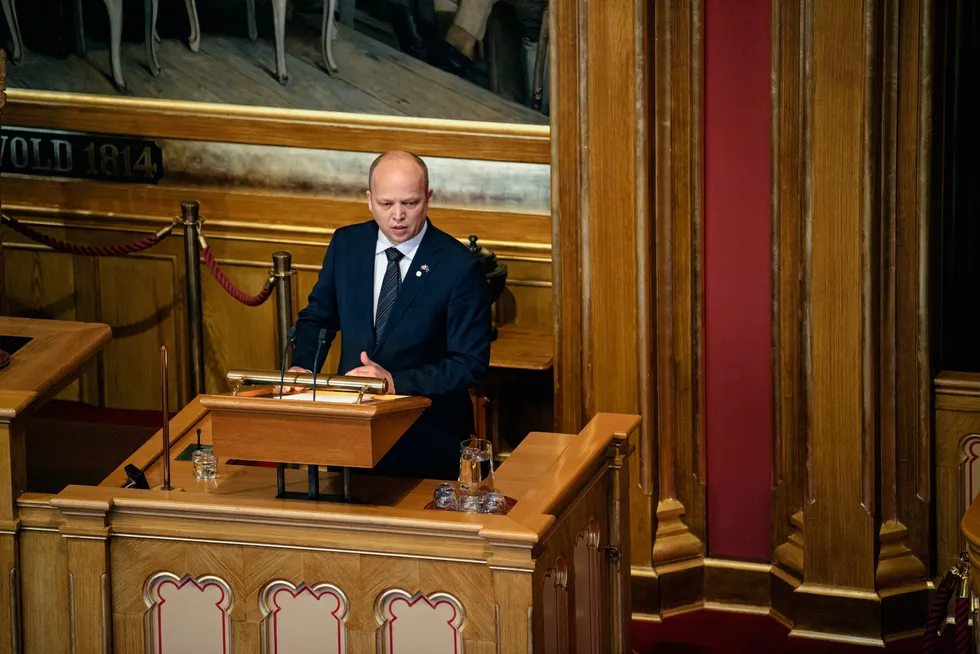 Finansminister Trygve Slagsvold Vedum under fremleggelse av statsbudsjettet 2023 på Stortinget.