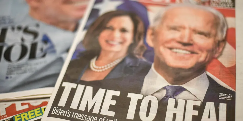 Joe Biden's projected US presidential election victory is seen on the front pages of British newspapers on November 8, 2020 in London, United Kingdom.