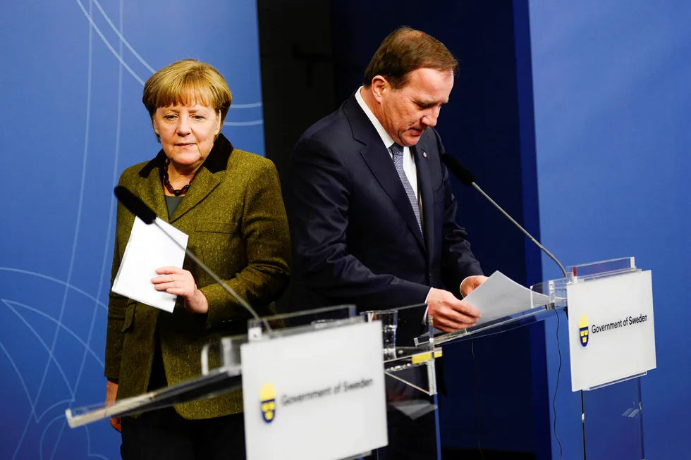 Forbundskansler Angela Merkel og statsminister Stefan Lofven har ingenting til overs for Donald J. Trumps sprell. Foto: TT NEWS AGENCY/REUTERS/NTB scanpix