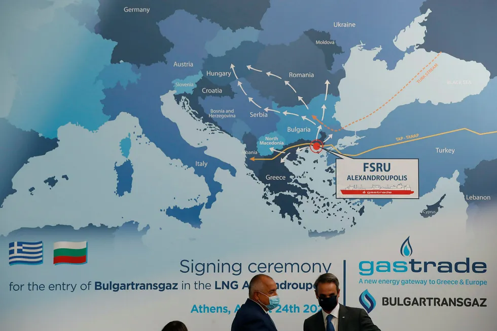 Delivery ambitions: graphic of expected gas flows to Europe from planned LNG terminal in Alexandroupolis in Greece, displayed at the signing of an agreement for Bulgartransgaz entry into the project in Athens on 24 August 2020