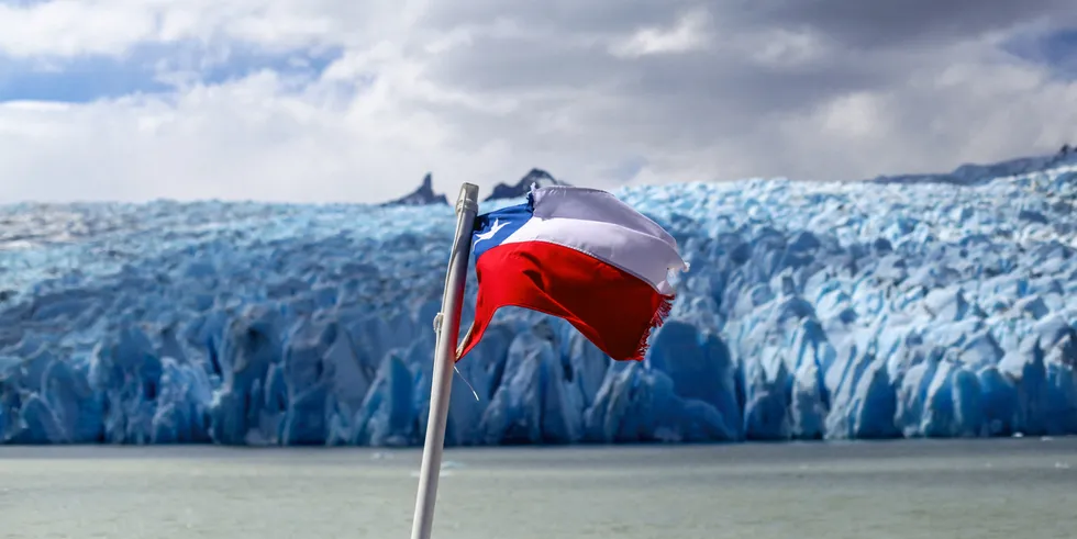 Chilean flag waving near the Grey glacier at the Torres del Paine National Park in Magallanes, southern Chile