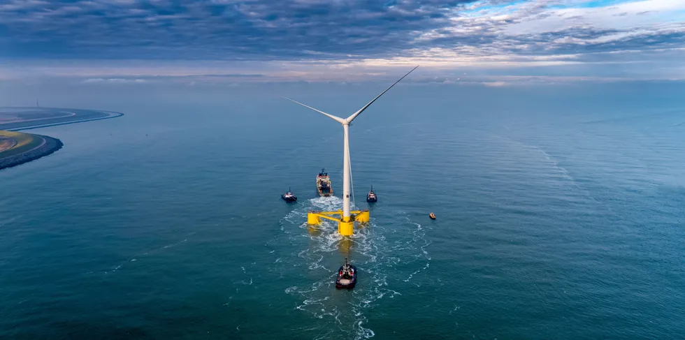 One of the units for Scotland's 50MW Kincardine floating wind project being towed to site