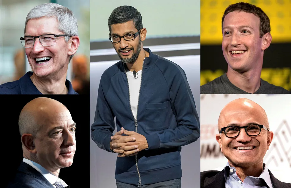 Tim Cook, Mark Zuckerberg,Jeff Bezos i Amazon, Satya Nadella, chief executive officer of Microsoft Corp. Sundar Pichai, chief executive officer of Google Inc. Foto: Scanpix/Bloomberg