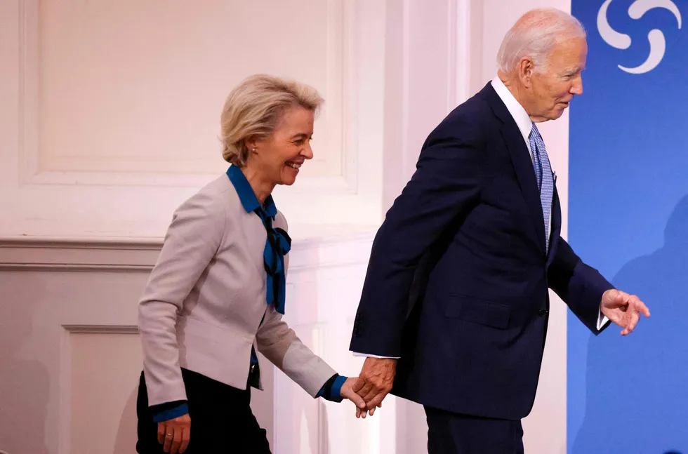 Hand in hand: US President Joe Biden leads EU Commission President Ursula von der Leyen to the stage at the end of the Global Fund Seventh Replenishment Conference in New York.