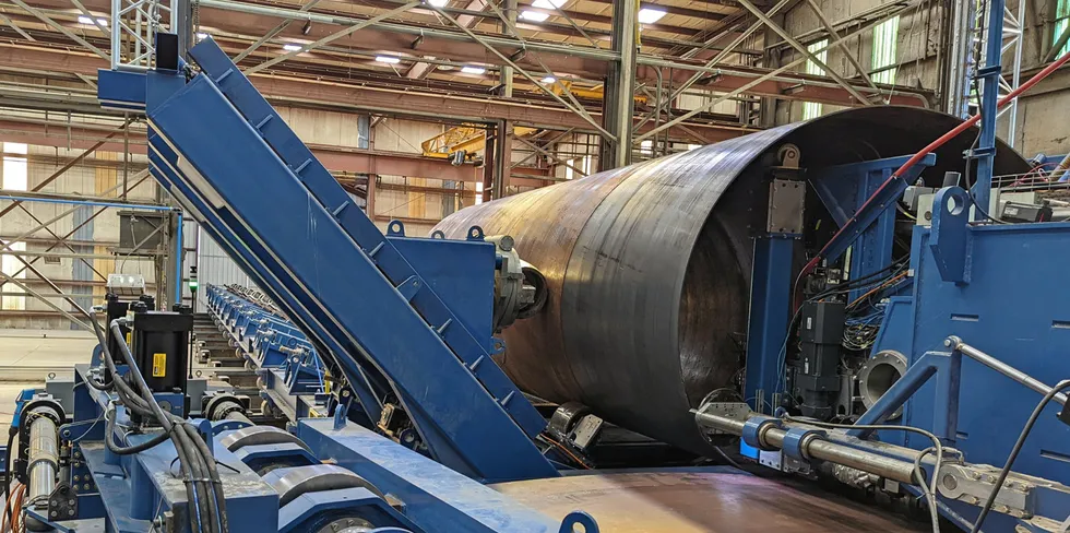 Manufacture of the first 'spiral welded' wind turbine tower at Keystone factory in Pampa, Texas, in the US