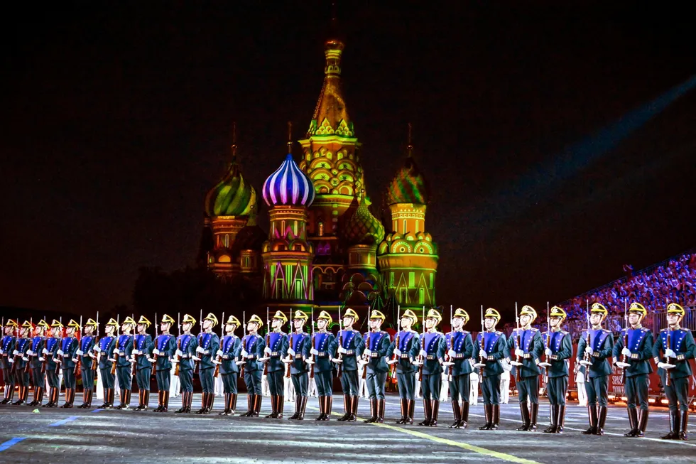 Blue line: Russian soldiers perform at the Red Square in Moscow during a music festival but Gazprom’s latest announcement appears to have caught the rest of Europe off guard.