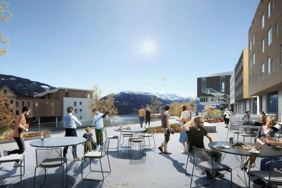 Hotellkjeden Scandics nye hotell på Voss får 216 rom. Illustrasjon: Dark architects