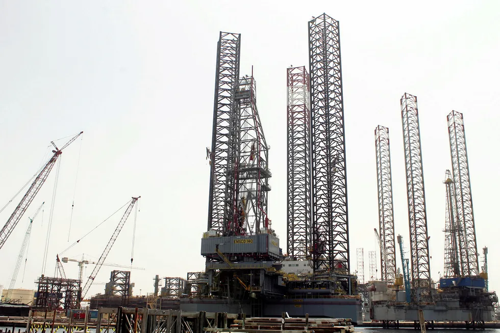 On site: Jack-up rigs, including the Ensco 140, at Lamprell's Hamriyah yard last year