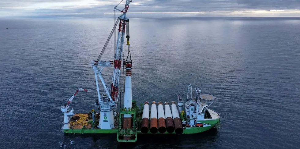 Offshore wind installation vessel Orion at work on Moray West off Scotland.