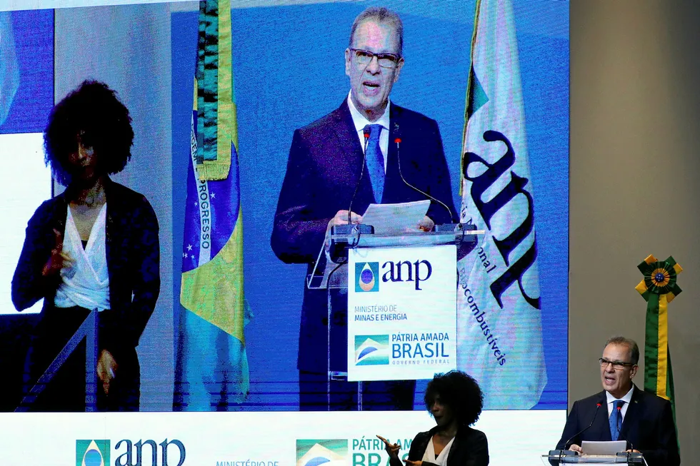 On Screen: Brazil's Energy Minister Bento Albuquerque speaks during the auction