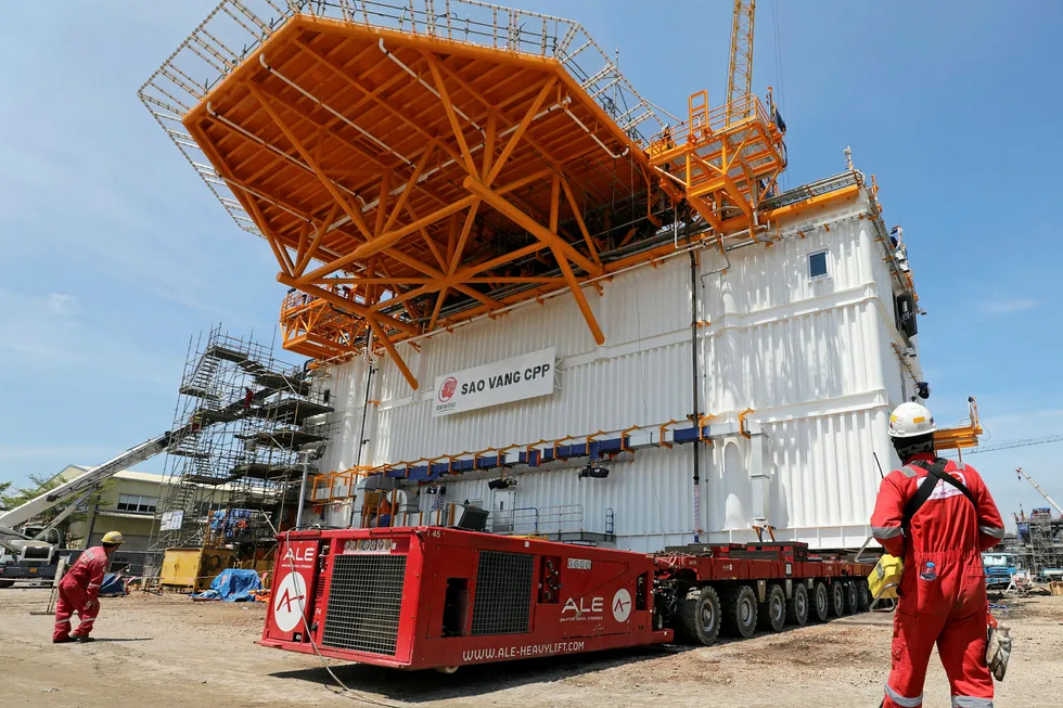 Up up up: the LQ module being raised on the Sao Vang platform at PTSC M&C's yard in Vietnam