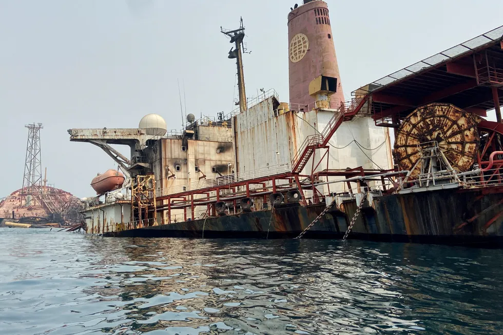 Disaster: wreckage of the Trinity Spirit floating production, storage and offloading vessel is seen after an explosion and fire broke out at Shebah E&P Company's offshore production facility on 2 February