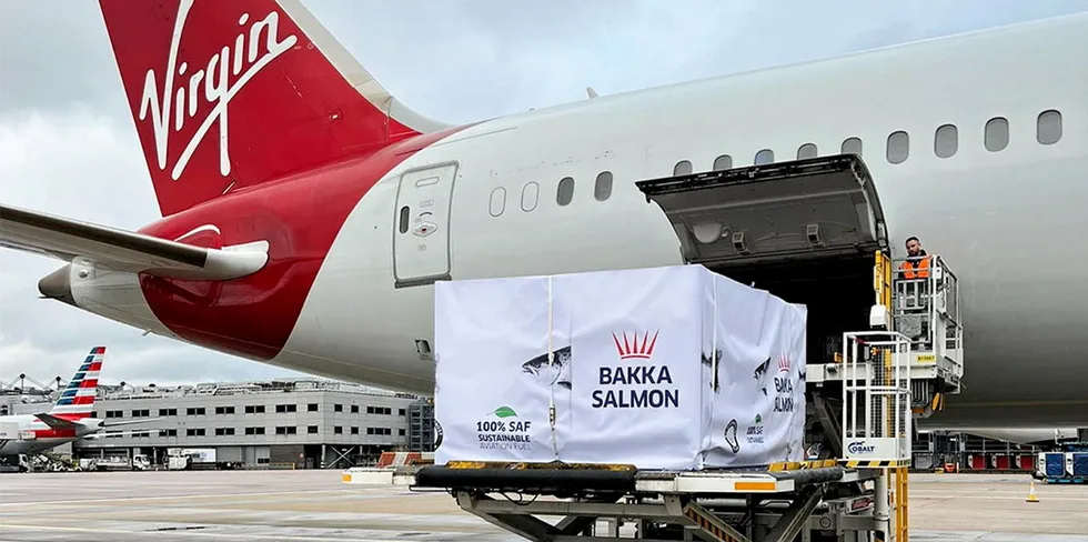 Bakkafrost's salmon boards the commercial Virgin Atlantic flight.