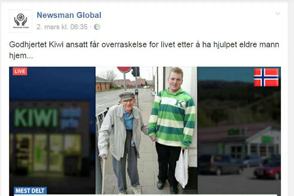 Denne falske nyhetshistorien ble blitt spredt via Facebooks annonsesystem. Teksten er falsk og Kiwi-skjorten på bildet er manipulert på overkroppen til den britiske gutten (til høyre). Faksimile: Facebook