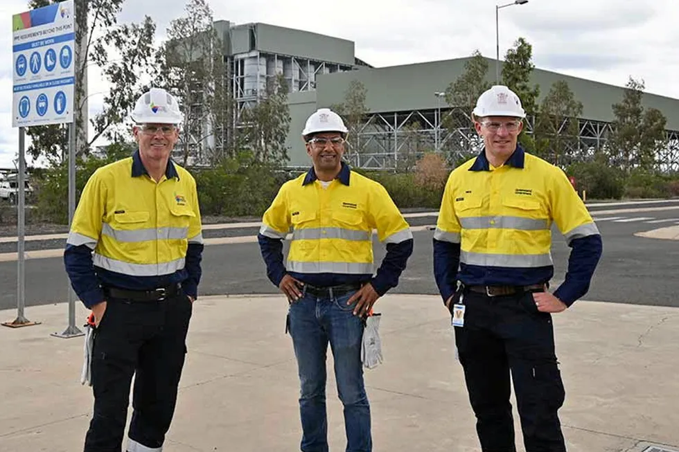 Potential site for green project: Queensland Minister Mick de Brenni (right) at Kogan Creek power station, with Assistant Minister for Hydrogen Development Lance McCallum (middle) and CS Energy chief Andrew Bills