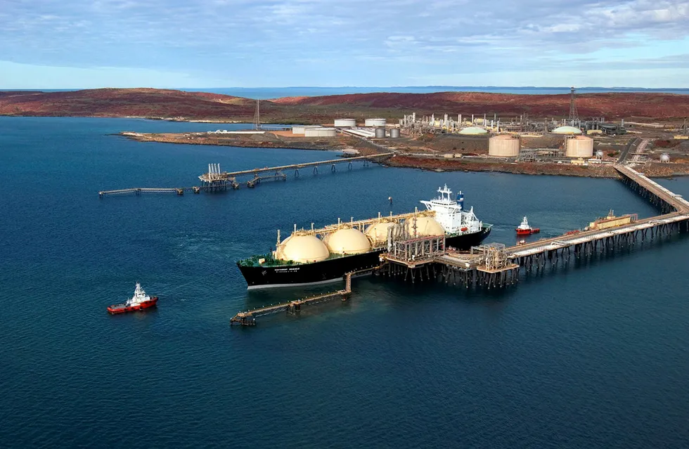 Exports: an LNG tanker at the Karratha Gas Plant, North West Shelf Venture, Western Australia