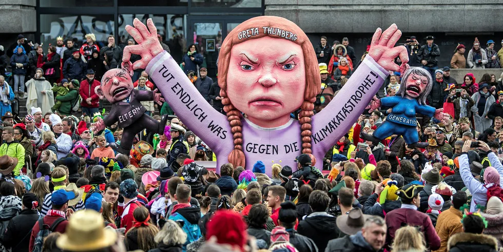 Effigy of climate activist Greta Thunberg during the Rose Monday Carnival parade on 4 March 2019 in Dusseldorf, Germany.