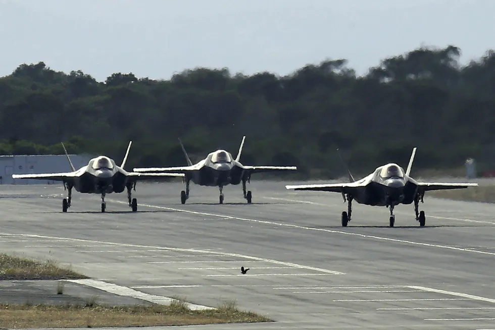 F-35B aircrafts land at Akrotiri Royal Air Forces base near coastal city of Limassol in the Mediterranean island of Cyprus, on May 21, 2019. - Six F35-B Lightning warplanes, the U.K.'s newest fighter, arrived at a British air base on Cyprus to carry out training and a systems test in the aircraft's first overseas deployment. (Photo by Petros Karadjias / POOL / AFP)