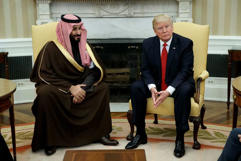 Et militært svar, som president Donald Trump hinter om på Twitter, vil nok ikke gjøre den risikopremien som nå bakes inn i oljeprisen, noe mindre. Her fra et møte mellom den saudiske kronprins Mohammed bin Salman og President Donald Trump i Det hvite hus, Washington.