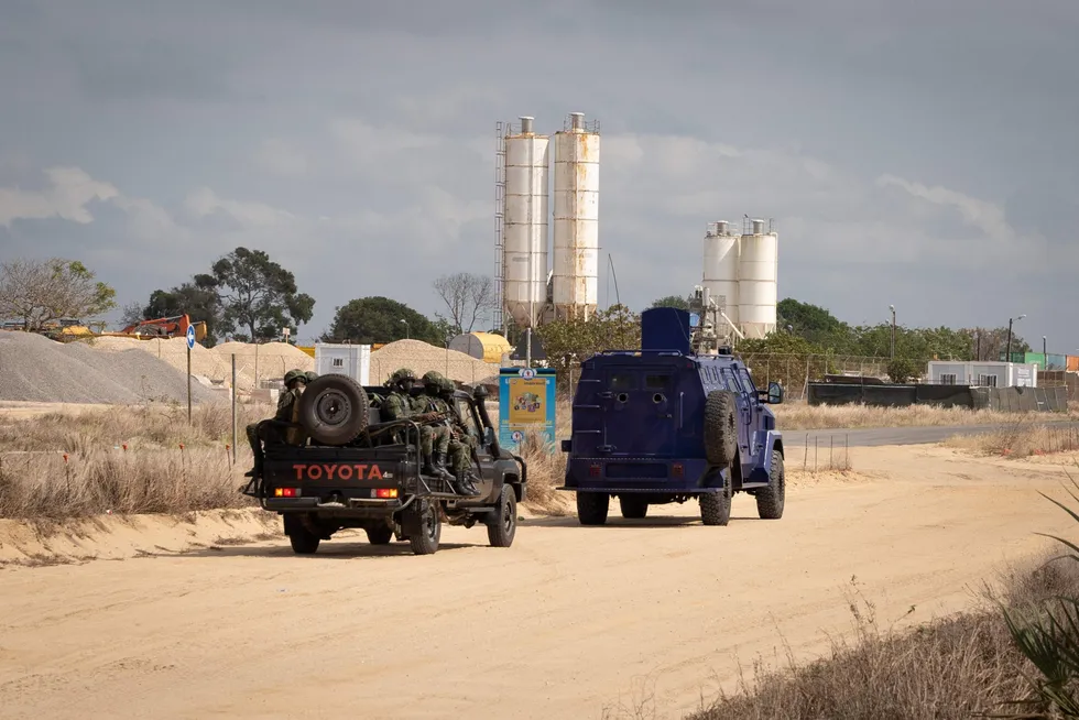 On hold: Rwandan soldiers patrol in near Afungi, the construction site for TotalEnergies' Mozambique LNG complex in Cabo Delgado which is beset by an Islamist insurgency and for which the UK has promised funding