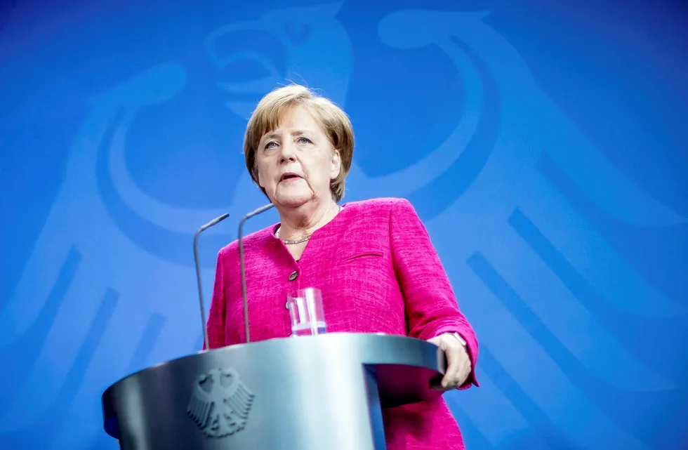 Den tyske Statsministeren Angela Merkel under pressekonferanse i Berlin. Foto: MICHAEL KAPPELER