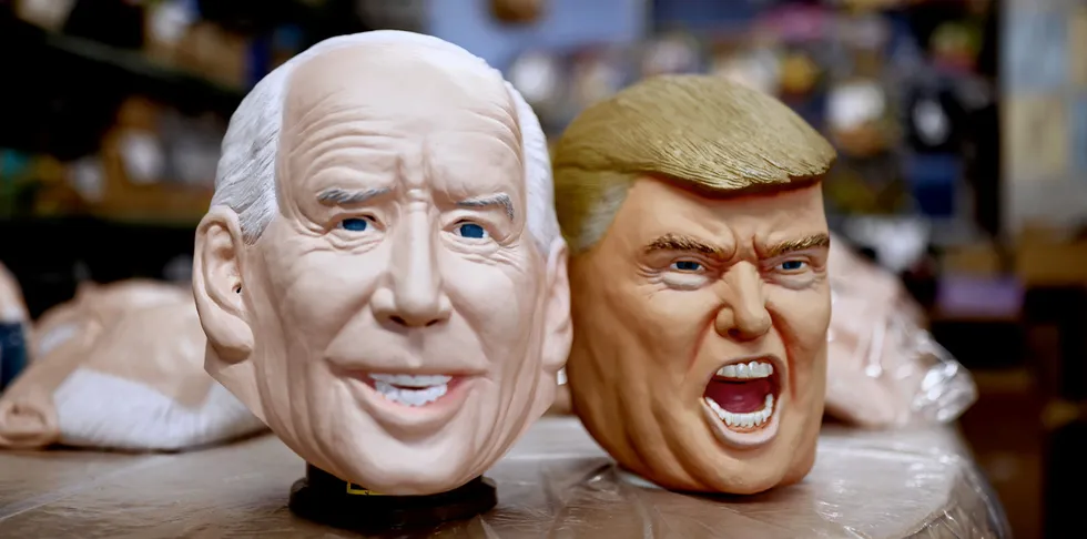 Rubber masks of US President-elect Joe Biden (L) and US President Donald Trump are seen at the Ogawa Studios mask factory in Saitama, north of Tokyo.