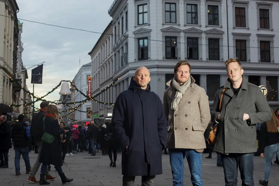 Bjørnar Buxrud (fra venstre), Ole Hustad og Torkild Jarnholt i reklamebyrået Morgenstern er fornøyde med å ha fått Høyre på sin ferske kundeliste. Foto: Javad Parsa
