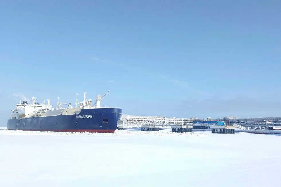 Impasse: the ice-class LNG carrier Christophe de Margerie docked at Sabetta, waiting for its cargo