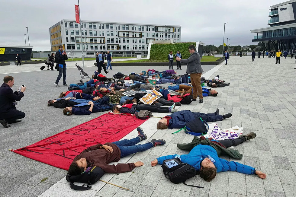 Lie-down protest: Extinction Rebellion demonstrators at Offshore Europe