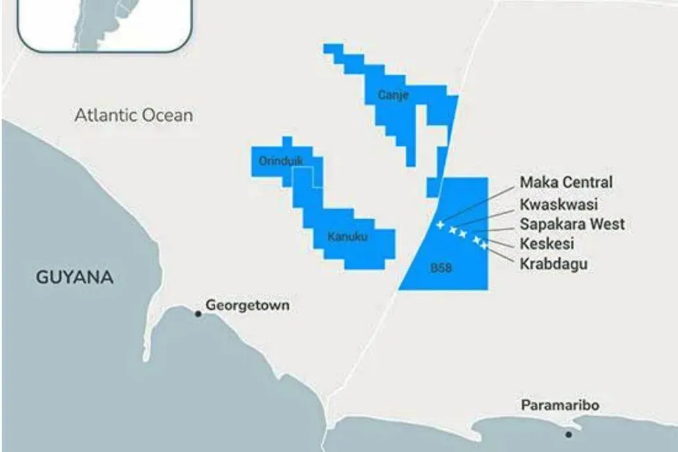 Golden lane: the Krabdagu wildcat underlines Block 58’s potential to host large scale production systems. The map also shows TotalEnergies’ stakes in two blocks bordering the prolific Stabroek block in Guyanese waters