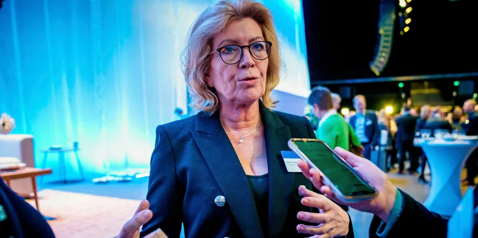 Leder for Fornybar Norge, Åslaug Haga, på NHOs årskonferanse i Oslo Spektrum. Nå kommer hun med en bredside mot politikerne.