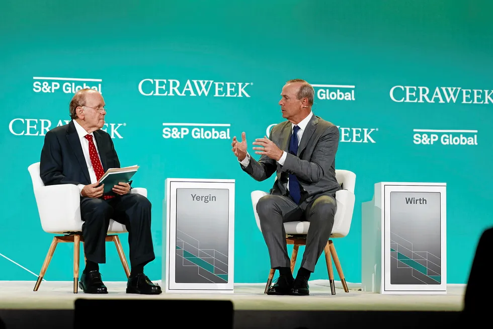 Transition Terms: Mike Wirth, right, speaks with Daniel Yergin at this year's CERAWeek by S&P Global.