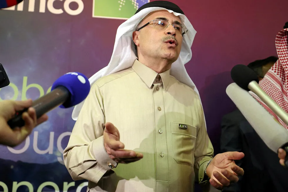 Discourse: Saudi Aramco chief executive Amin Nasser addresses reporters at the opening ceremony of the International Petroleum Technology Conference in Riyadh in 2022.