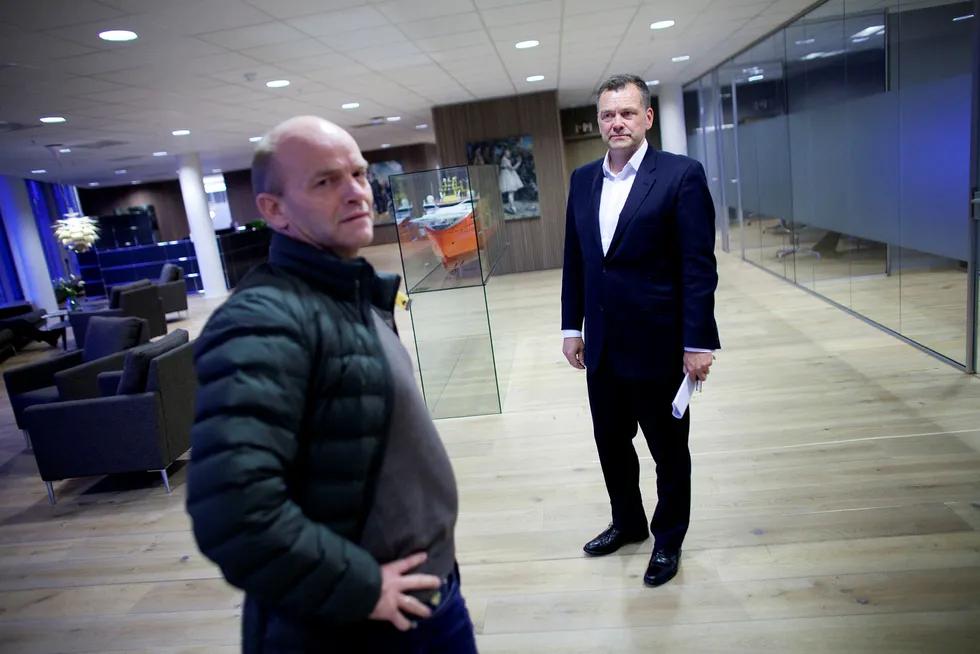 Jan Vatsvåg (til venstre), gründeren av Global Maritime, har skilt lag med HitecVision og Tor Espedal. Foto: Tomas Larsen