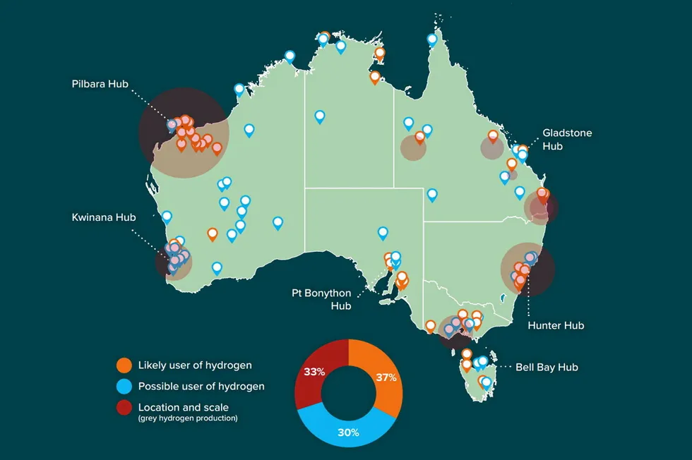 A map showing the location of potential users of clean hydrogen in Australia and planned production hubs, taken from the public consultation document.